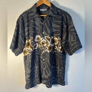 Aloha Joe Hawaiian Shirts Mens Shirt Black Gray Leaf Hibiscus Floral Size M EUC